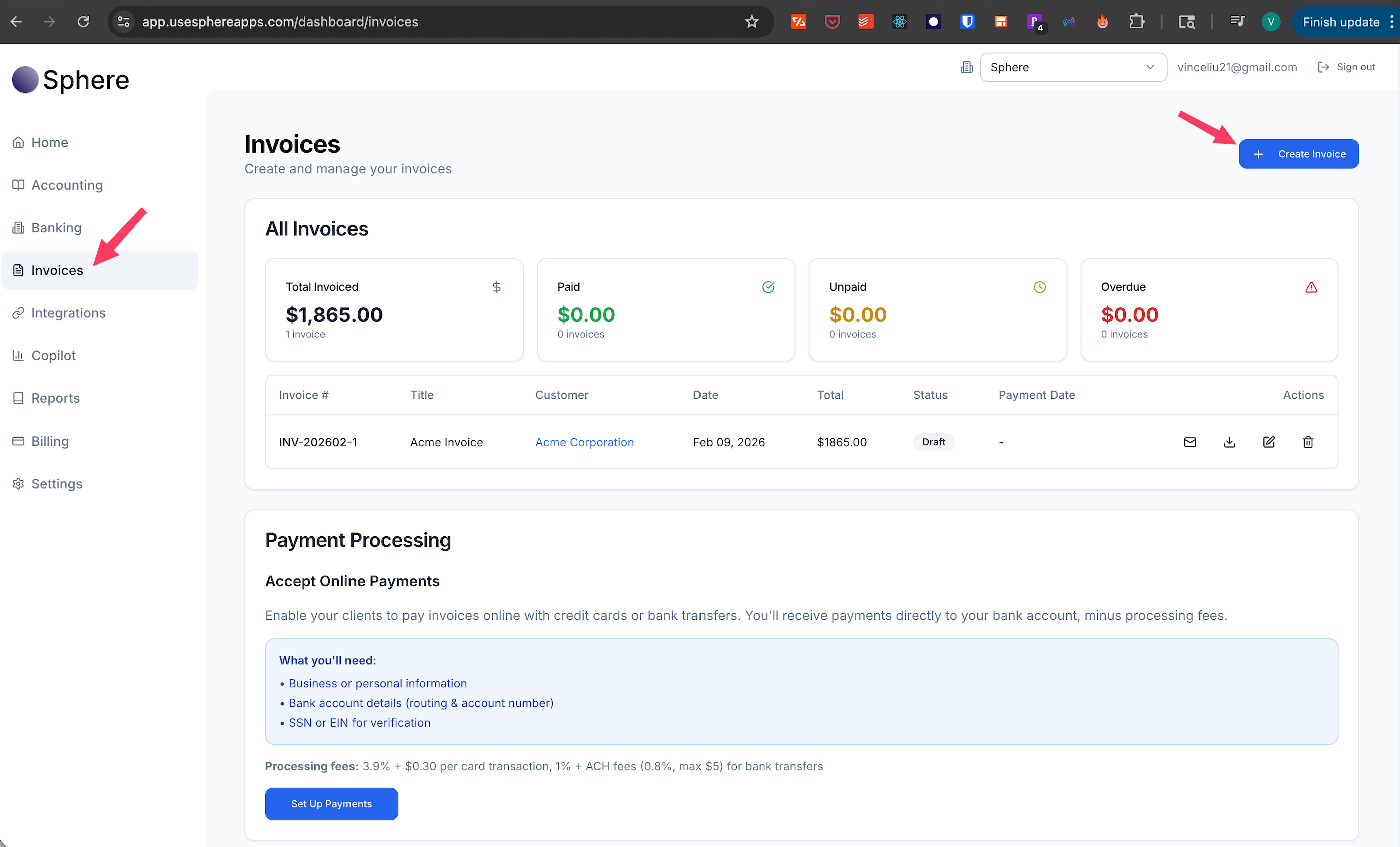 Sphere invoice creation interface showing how to fill in client details and line items