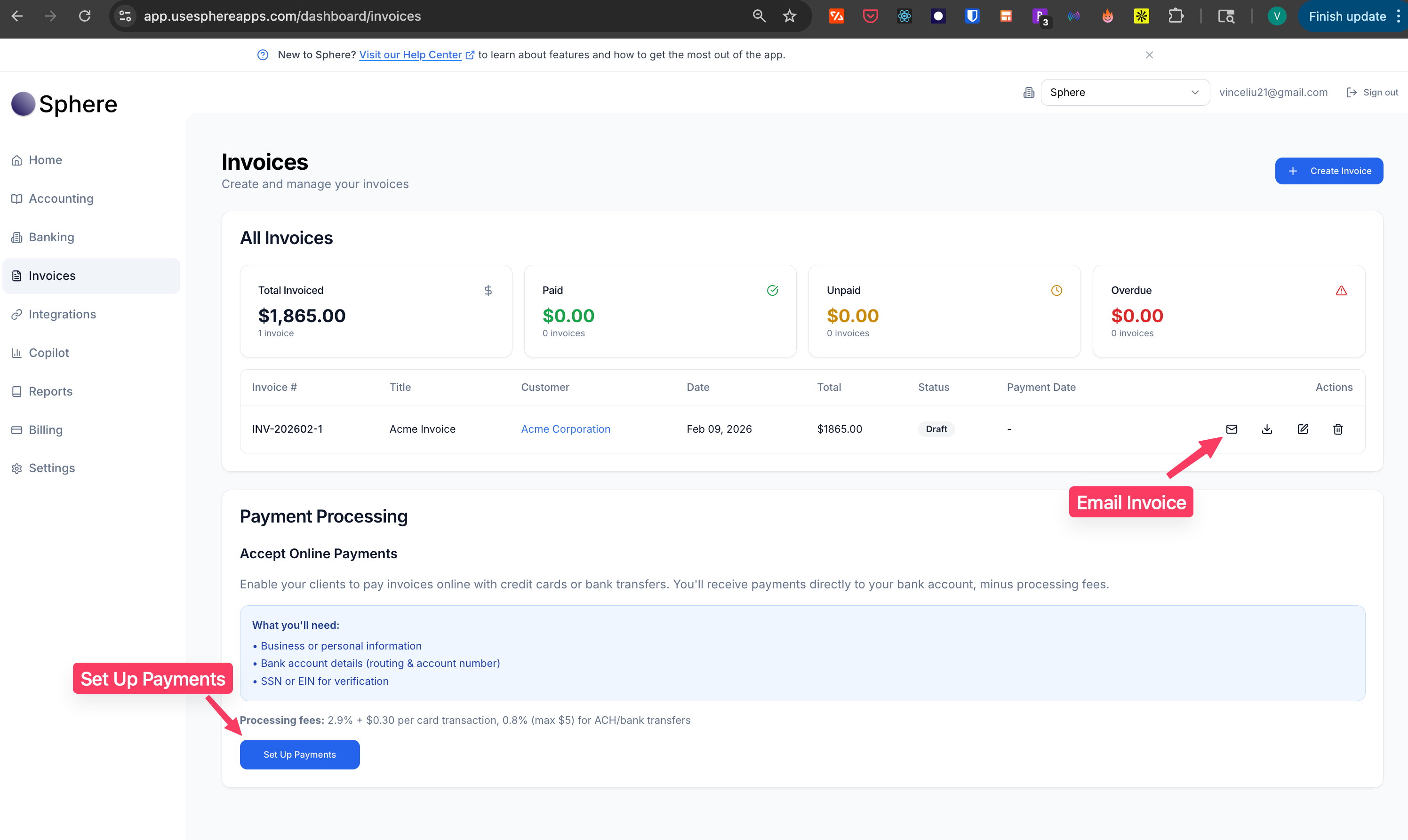 Sphere invoice creation interface showing how to fill in client details and line items