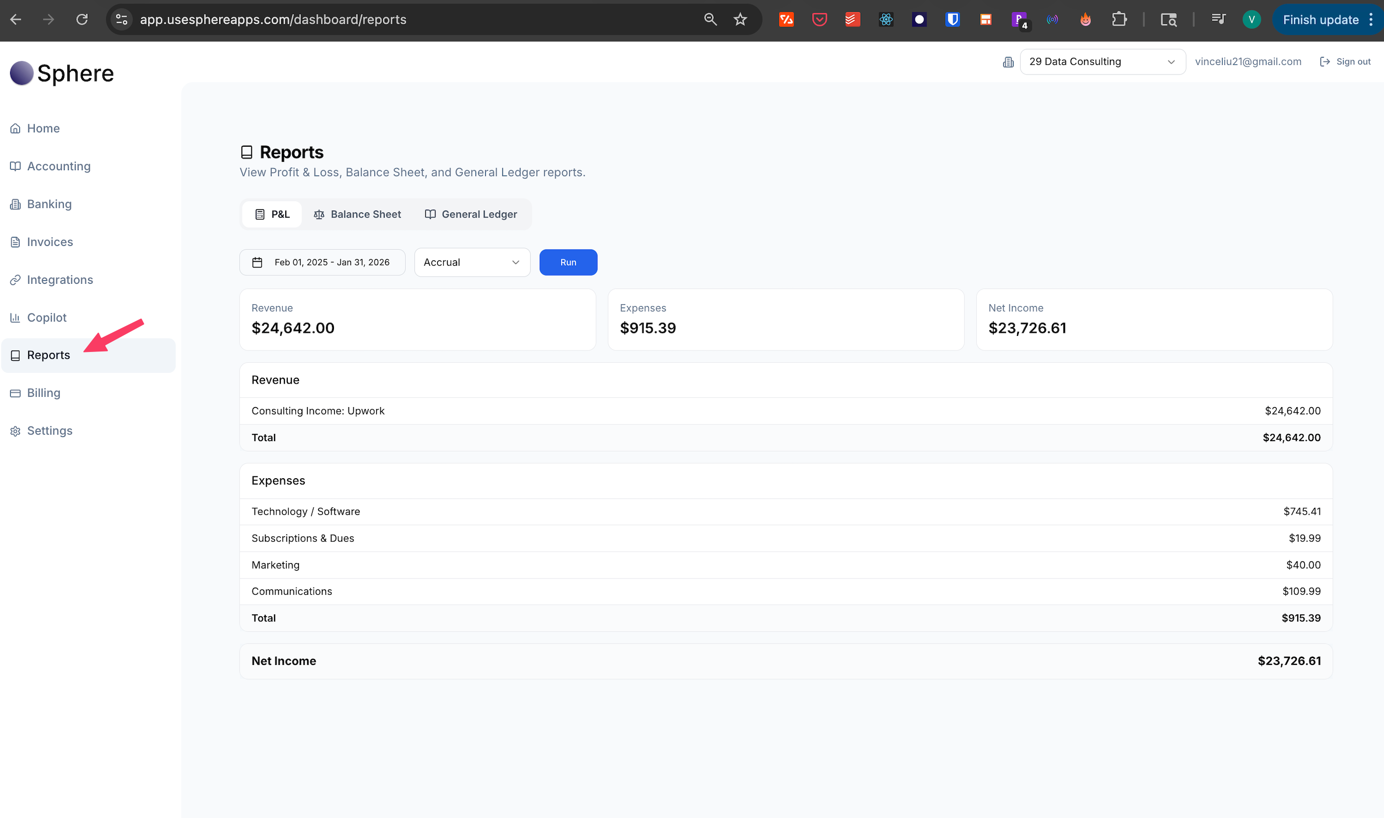 Sphere financial reports interface showing P&L and Balance Sheet options