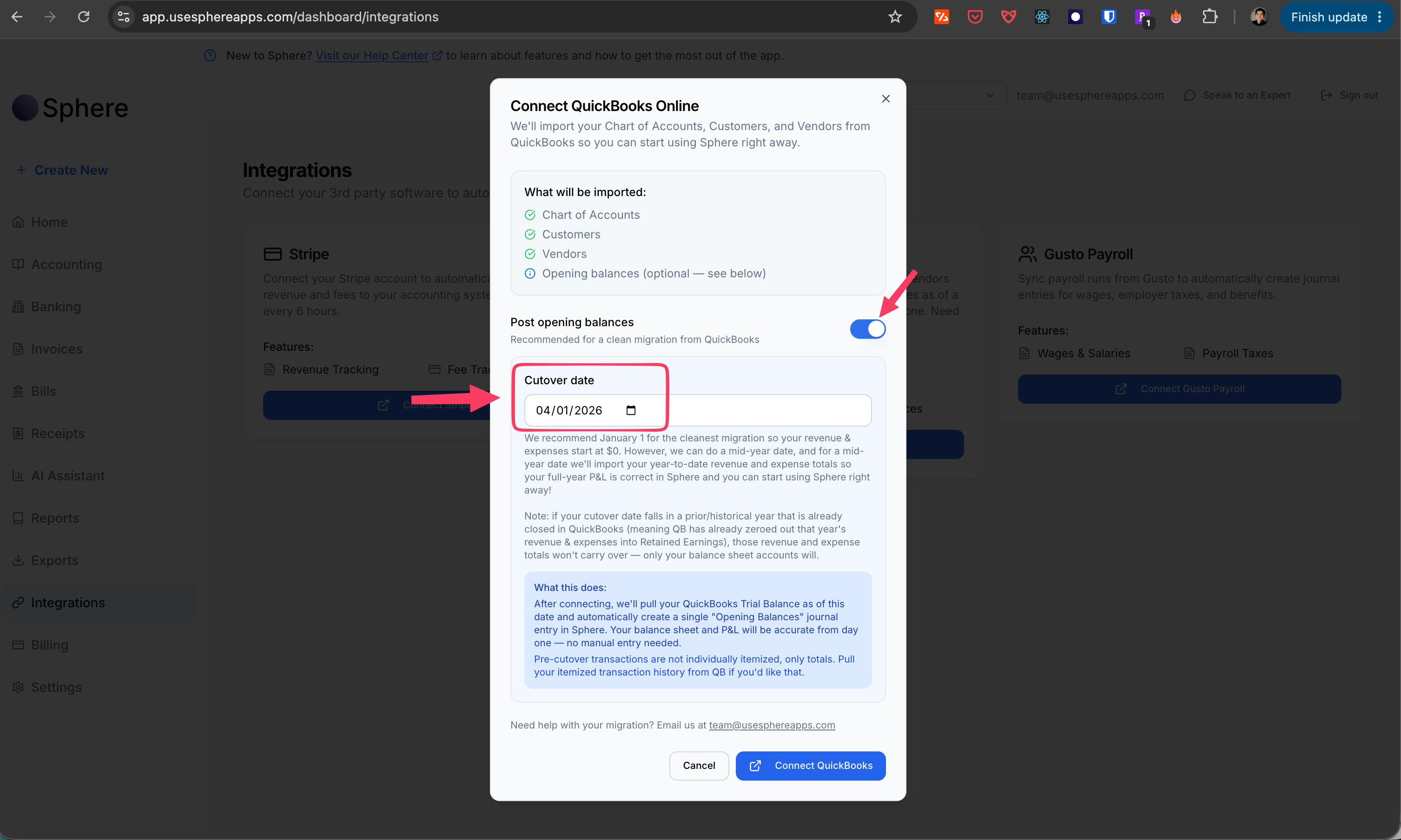 Sphere trial balance migration interface showing how to import QuickBooks account balances as of a cutover date